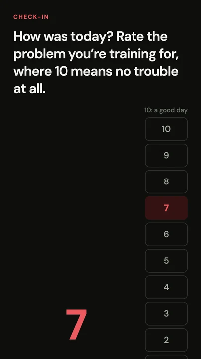 The one-tap daily check-in, rating the day from one to ten