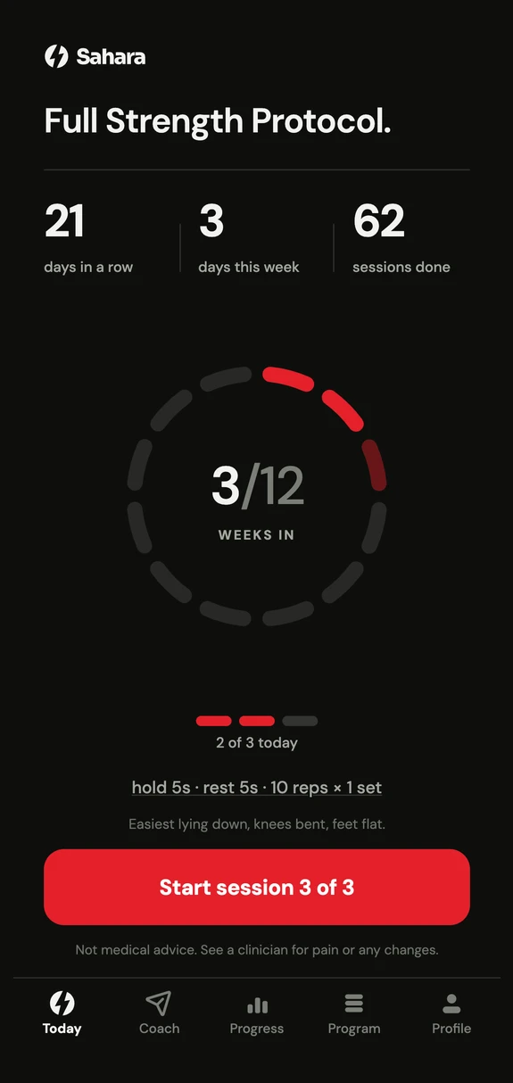 The Sahara app: week 3 of 12, two of three sessions done today, and the button to start session three